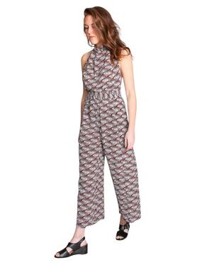APIECE APART - 100% Silk Archer Backless Halter Jumpsuit Clay Fans Print Sz 2